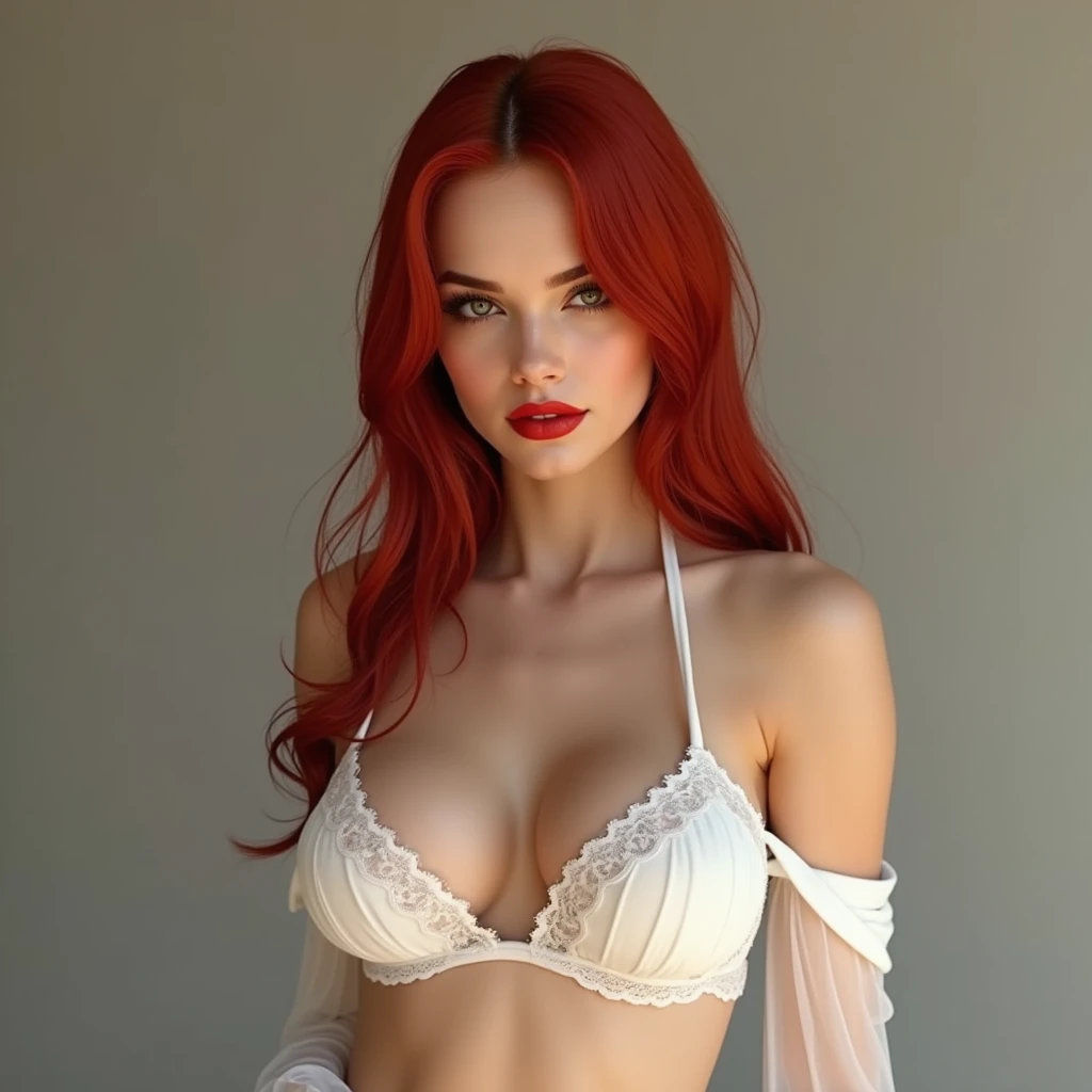 Maximum quality, form, Very detailed, High resolution, 8K Wallpaper, Perfect dynamic composition, Beautiful attention to detail, 30 year old MILF woman, 180 cm tall, beautiful all over the body、(((angle from below))). straight and shiny red hair, Extremely detailed eyes, Perfect eyes, extremely realistic eyes, well aligned eyes, long eyelashes, busty, huge, huge breasts, shortTshirt, top bajo short color blanco transparente, Random bob haircut, Beautiful breasts showing nipples, (((The bajoboob is visible: 1.4))), Random sexy poses, smile, Sitting on a chair with legs open, hentai, High detail, close up, symmetrical, high quality, High resolution, ultra-sharp, 8k, masterpiece, Extreme attention to detail, perfect face, realist, (masterpiece, top quality, Best Quality,) Very detailed, more detailed, (1 woman:1.3), NSFW, smile, Red lips, cara de billie eilish, long red hair, nipples, nipple, pointy nipple, (((Sexy white knee high stockings:1.35)))