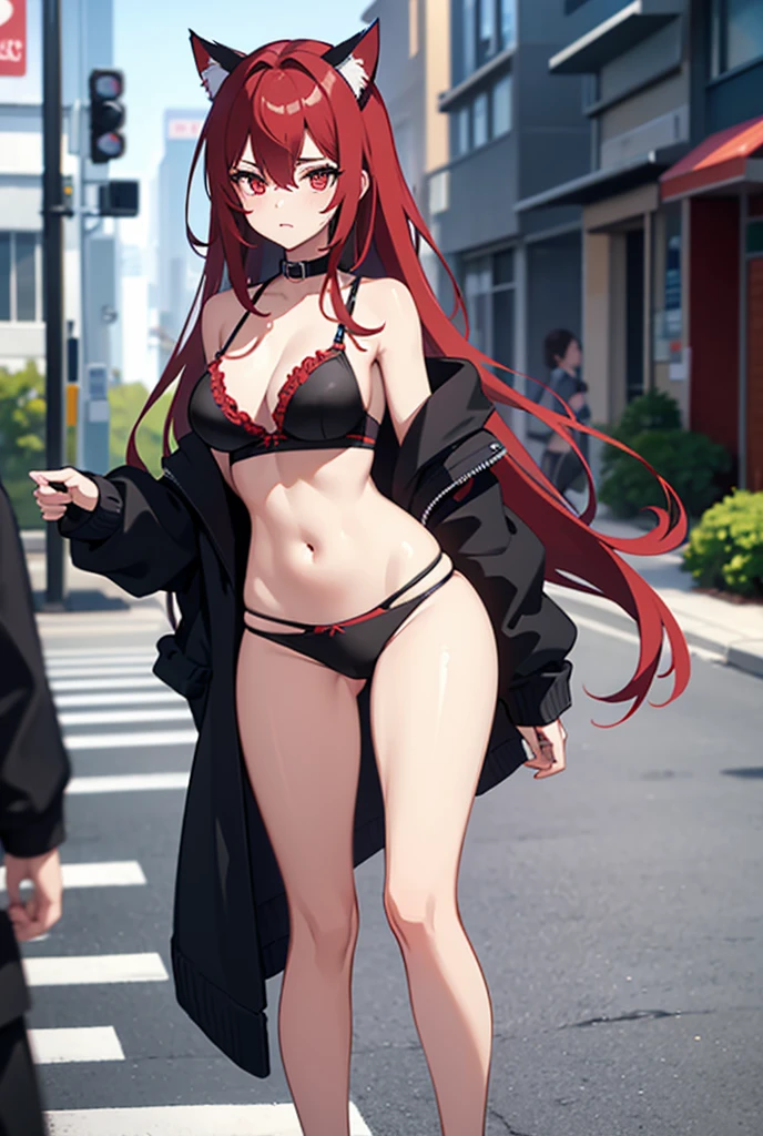 Young woman, sexy, gorgeous figure, pop, Bright Red Eyes, long hair, cat ears, open black bra, Black panties, On the street, sports, big ass, camera at the back