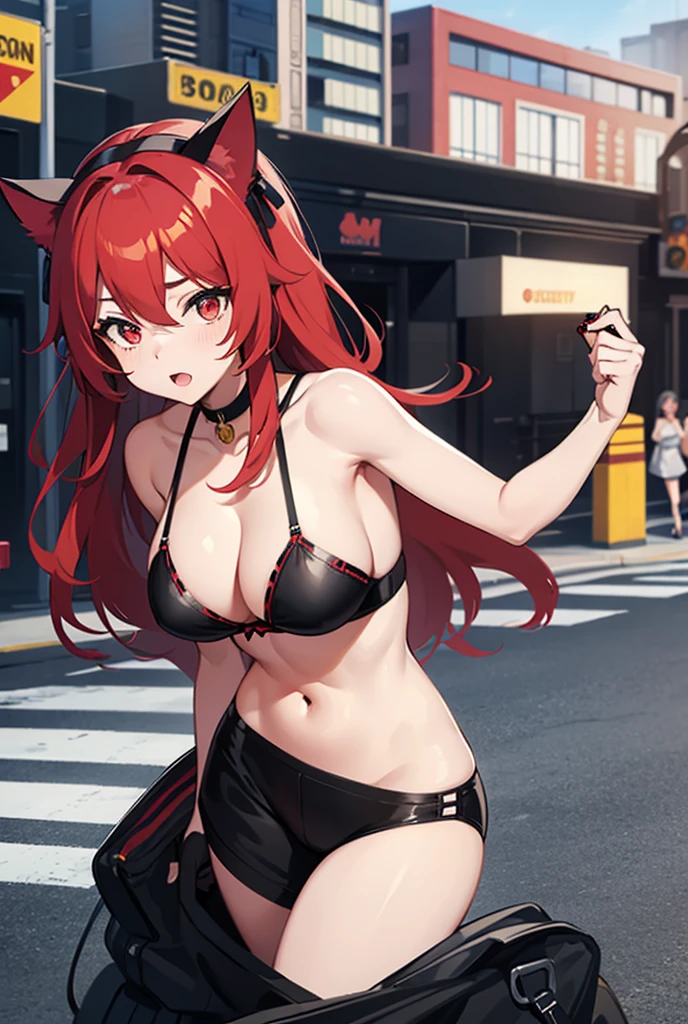 Young woman, sexy, gorgeous figure, pop, Bright Red Eyes, long hair, cat ears, open black bra, Black panties, On the street, sports, big ass, camera at the back