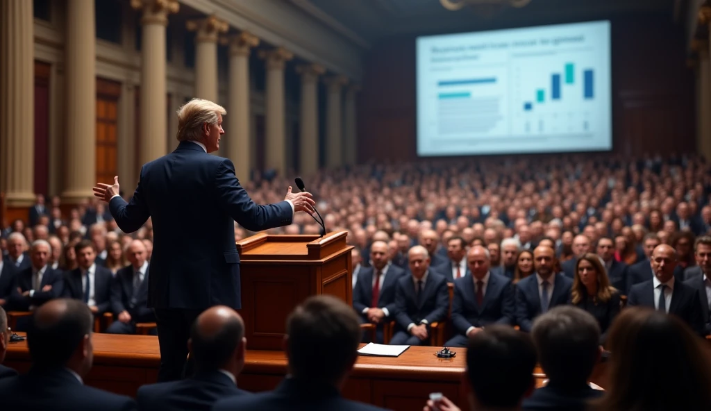 A political speaker speaking  to public on the stage and informing public about parliament.