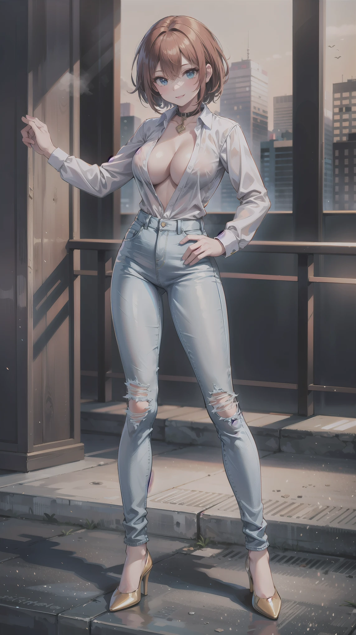 （（super high quality,））（（Ultra-high resolution,））（16K,）（super masterpiece,）（（Ultra HD ,））（Detailed shading,）Full body photo,One sexy woman,high collared white shirt,Long sleeve,Cleavage,Skinny denim pants,smile,