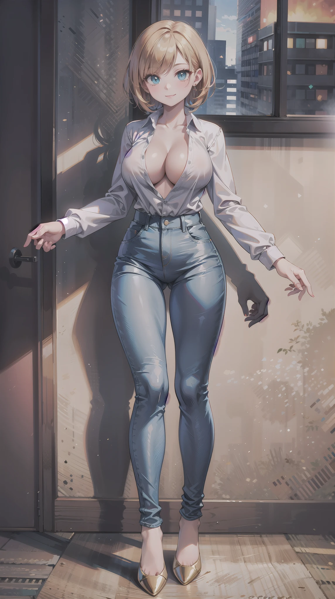 ((super high quality,))((Ultra-high resolution,))(16K,)(super masterpiece,)((Ultra HD ,))(Detailed shading,)Full body photo,One sexy woman,high collared white shirt,Long sleeve,Cleavage,Skinny denim pants,smile,