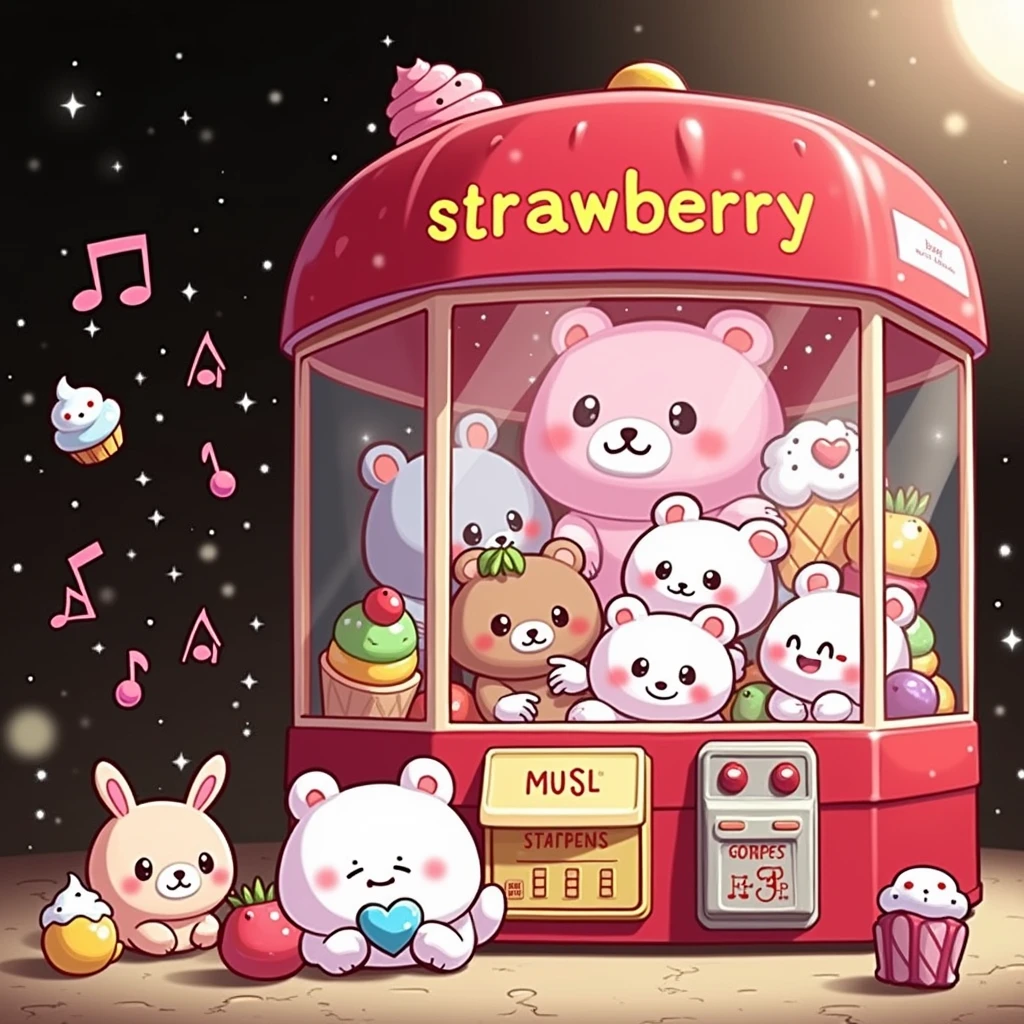 The image shows a cartoon style claw machine. The machine is predominantly red, with a transparent front, and at the top it says “STRAWBERRY” in yellow letters. Inside the claw machine, There are several cute plush toys that resemble animals and food items, like bears and ice cream. The toys have big eyes and smiling faces, which gives them a friendly appearance. Around the machine, There are floating musical notes and twinkling lights that add to its playful charm. The words “EVERY DAY” are visible on the bottom of the machine in white letters on a pink background.. This image is interesting because it depicts a fun scene that may appeal to children or people who appreciate cute aesthetics.. 🍓🧸✨