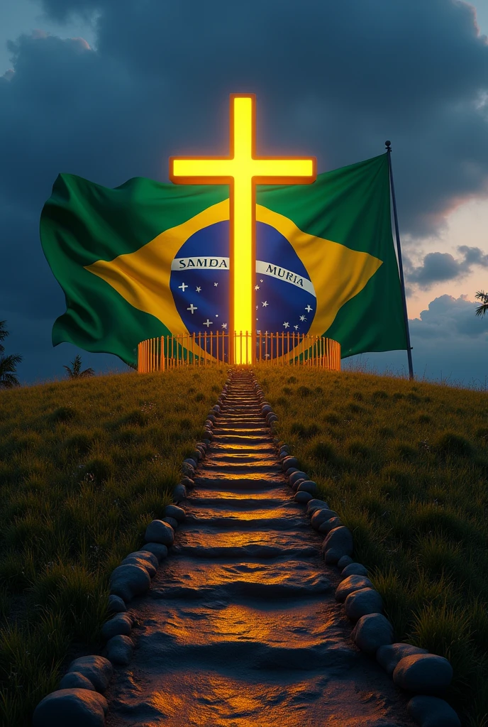 A hill with an illuminated cross, surrounded by a detailed gold colored fence,having the Brazilian flag behind the cross, from the state of Santa Catarina and the municipality of Paulo Lopes with golden rods