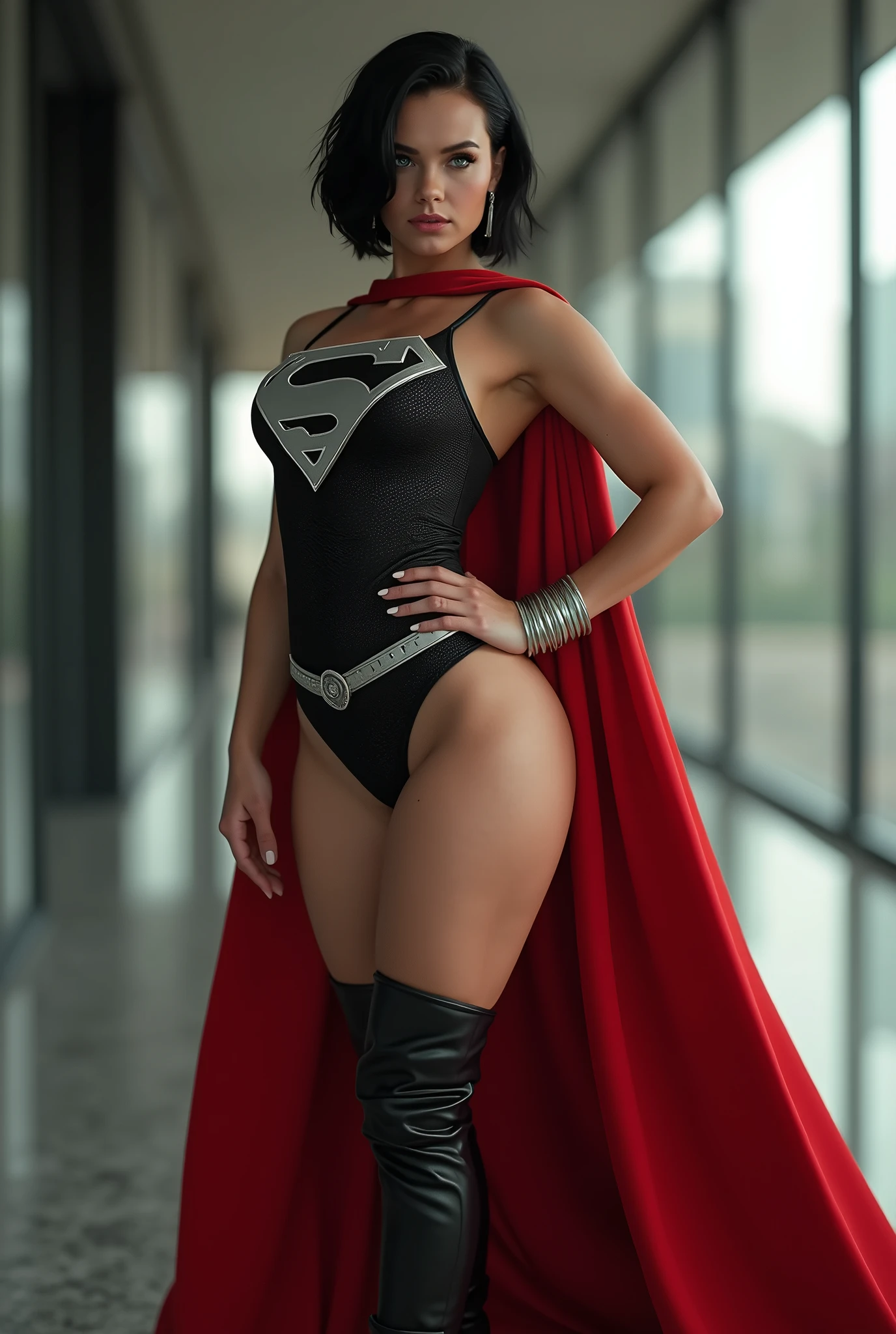 beautiful female sexy Supergirl, silver house of EL symbol on her chest, short black hair, green eyes, black leotard, black thigh boots , red cape with a midriff, Silver bracelets, silver belt, busty body, sexy curvy body. exposed shoulders UHD 8K