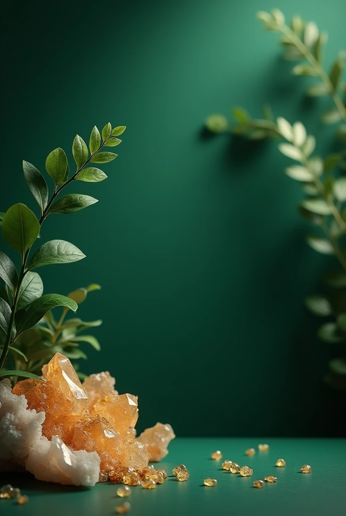 A luxurious, deep emerald golden background with subtle texture, accented by small, glossy green leaves arranged in small size in the upper left corner. The backdrop includes natural crystal formations in soft amber tones, providing an elegant and earthy contrast. The scene is softly lit to emphasize the richness of the green and the intricate details of the crystals, creating a sophisticated and natural ambiance. Make sure the leaves are samll in size so that i adjust my jewelry in the middle of the background. The crystal is also in the left side not in the middle and size of crystal is small

