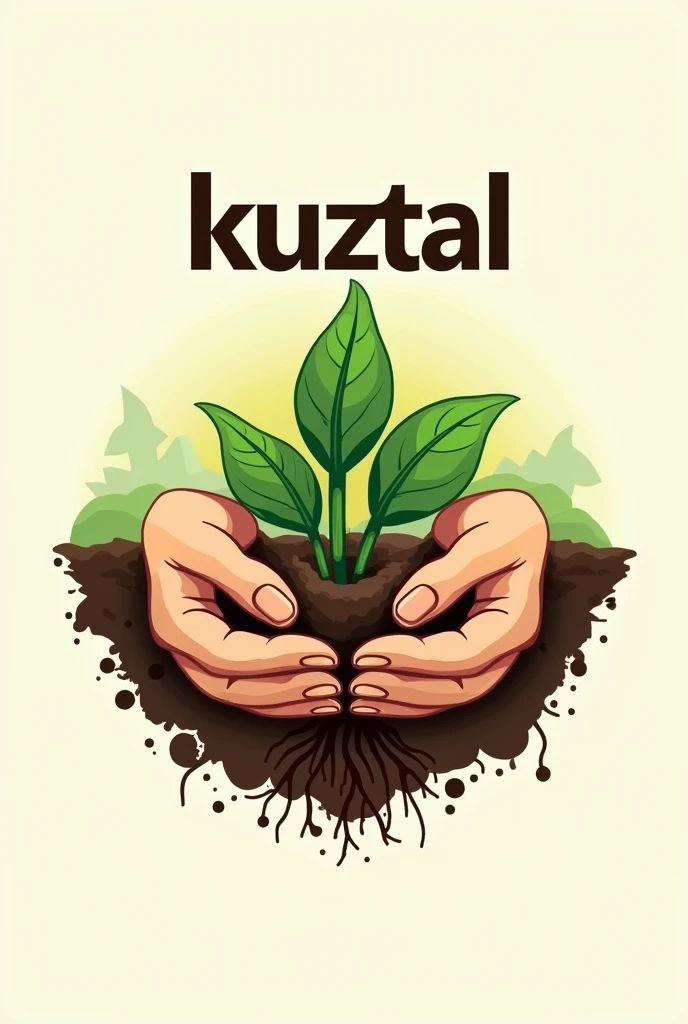 Logo for a composting soil improvement project featuring hands shaped like plant roots, plants, land, above includes the name of "KUZTAL"