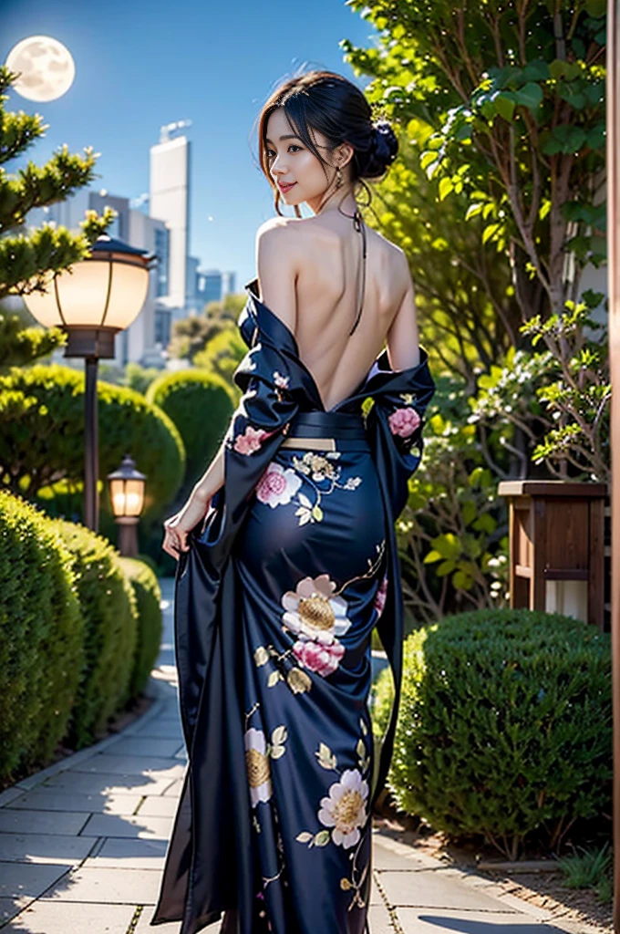 ((skinny)), ((tiny body)), Under the mesmerizing moonlight, in a serene Japanese garden, a beautiful woman in a partially undone kimono reveals her elegant shoulders and back. Her demure yet seductive gaze is full of hidden secrets. As she gracefully strolls along the garden path, she occasionally pauses to offer a fleeting smile towards the moon. The soft illumination of traditional lanterns creates an enchanting atmosphere, while her loosely tied hair waves gently, adding to her elegance and allure.