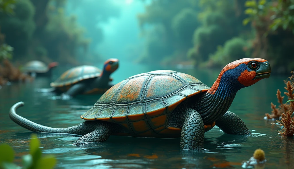 There are some amazing turtles at the bottom of the river with bird heads and snake tails.(best quality，4K，8k，High level，masterpiece：1.2），Ultra Detailed，（lifelike，Photo real，Photo real：1.37）