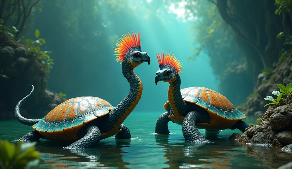 There are some amazing turtles at the bottom of the river with bird heads and snake tails.(best quality,4K,8k,High level,masterpiece:1.2),Ultra Detailed,(lifelike,Photo real,Photo real:1.37)