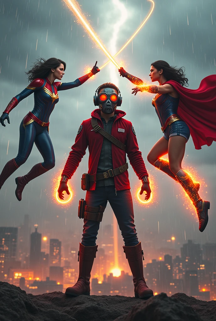 Young Star-lord with red hoodie, headphones, star-lord helmet, gas helmet, covered mouth, round red eyes, Red eyes, magic rings in the hands and rocket boots, Vs. Capitana marvel, Vs. Wonder Woman, Fighting, power, fiction, full body, 3 person, magic lasso, hight, fall, fire in boots, poweful spells, realistic, helmet, mask, red cape, confrontation, punch, gun, flying in the sky, view of the city from above, rain, fighting over the spell book, Black gloves, ocean floor, face cover