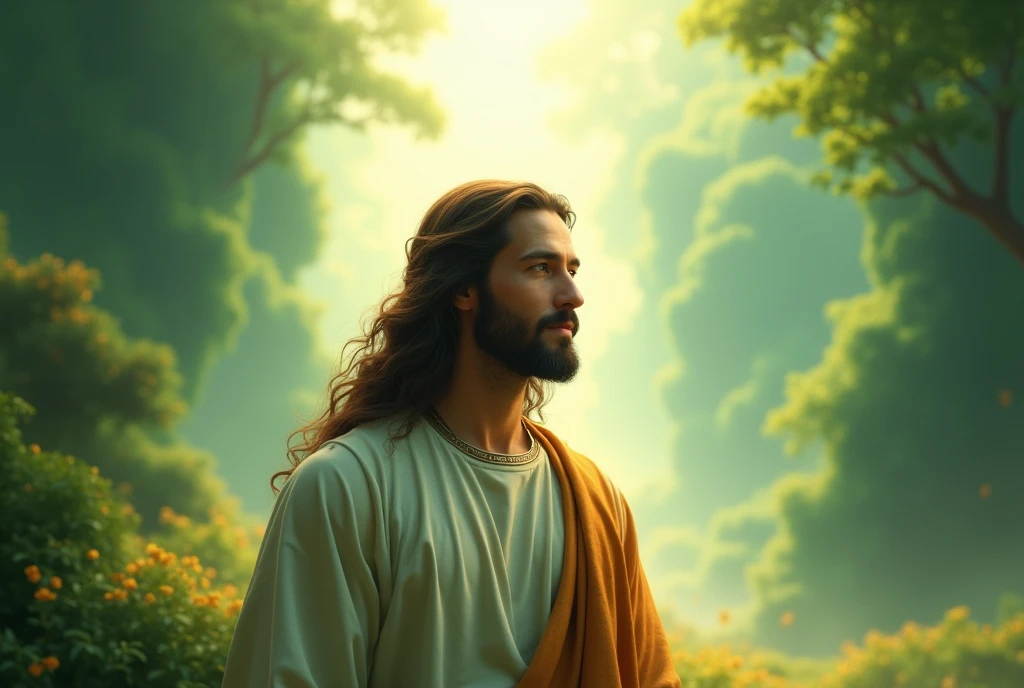 realistic painting Watercolor oil painting as Cover design for a book about the story of Jesus Christ in a glory view with title logo for book name Jesus,picturesque appearance as Italian christian imagine Jesus Christ, Jesus Christ looking forward in a glory view,merged effect,The cover should have christian themes,with deep effect background, magnificent magical green landscape in heaven background blurred,, Jesus with long brown hair,Jesus looking forward, with Jesus name title logo calligraphy,straight eyes looking,Jesus is in the middle of the book's design ,خلفيه هادئه, unreal engine 5,8k,horizontal design, inspired by Hany rady, happiness and romance color