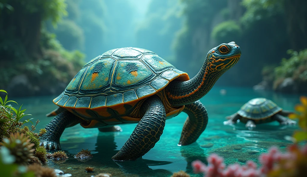 There are some amazing turtles at the bottom of the river with bird heads and snake tails.(best quality，4K，8k，High level，masterpiece：1.2），Ultra Detailed，（lifelike，Photo real，Photo real：1.37）