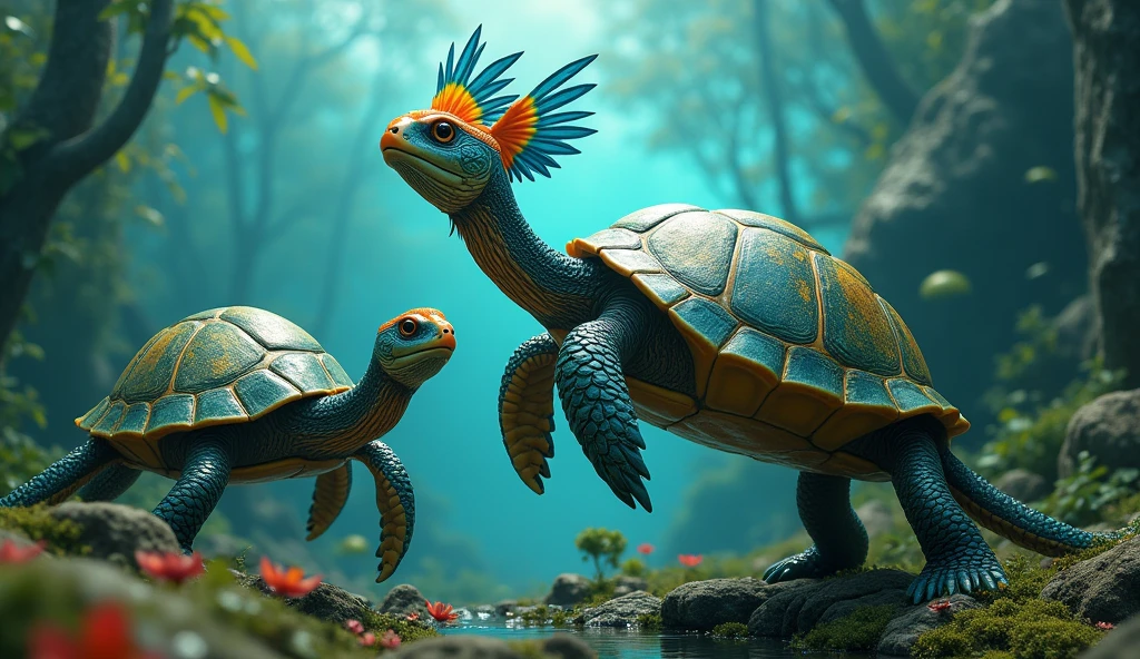 There are some amazing turtles at the bottom of the river with bird heads and snake tails.(best quality，4K，8k，High level，masterpiece：1.2），Ultra Detailed，（lifelike，Photo real，Photo real：1.37）