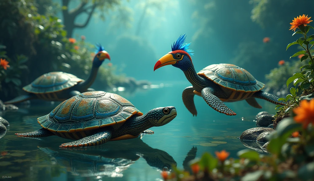 There are some amazing turtles at the bottom of the river with bird heads and snake tails.(best quality，4K，8k，High level，masterpiece：1.2），Ultra Detailed，（lifelike，Photo real，Photo real：1.37）