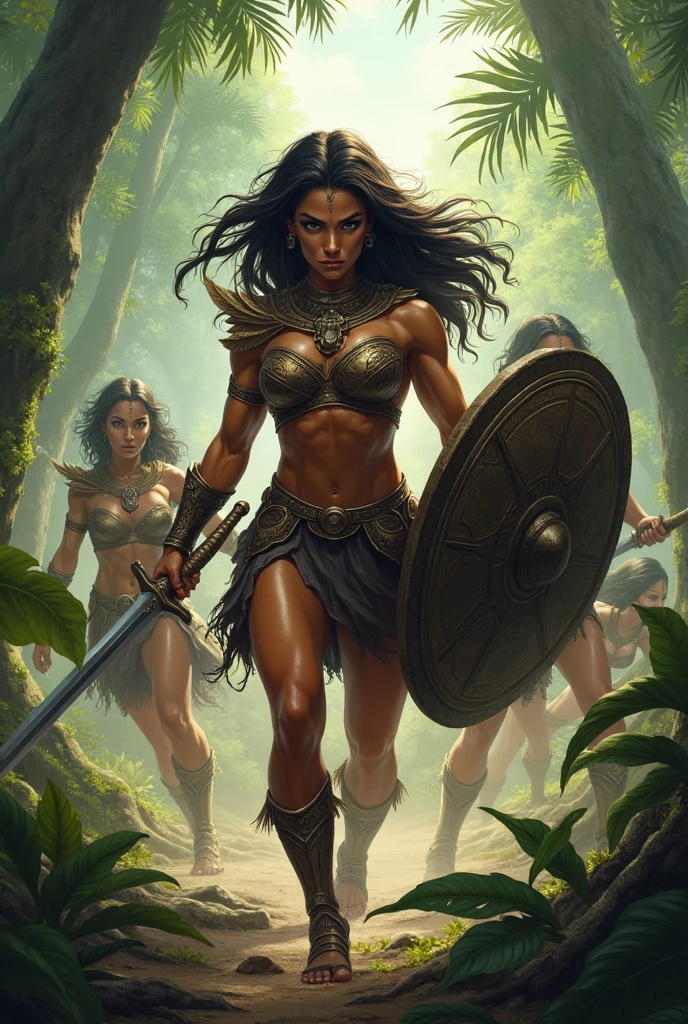 Beautiful Amazon in battle with her companions.