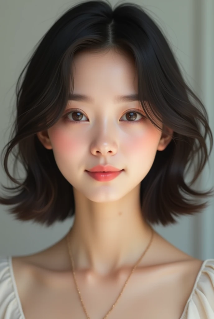 Generate a realistic front photo of a Korean girl with medium short hair with popular style