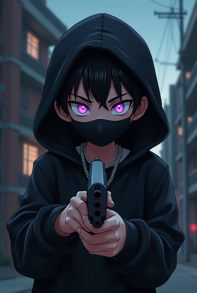 1 boy, he is a gang member and has purple glowing eyes with an evil face and slightly spiky hair with an evil and intimidating look with a black sweatshirt and a black mask covering his nose and mouth. , he has a black hood on his head , he also has a diamond chain around his neck, very intimidating , he has a pistol in his hands, 2D Anime .