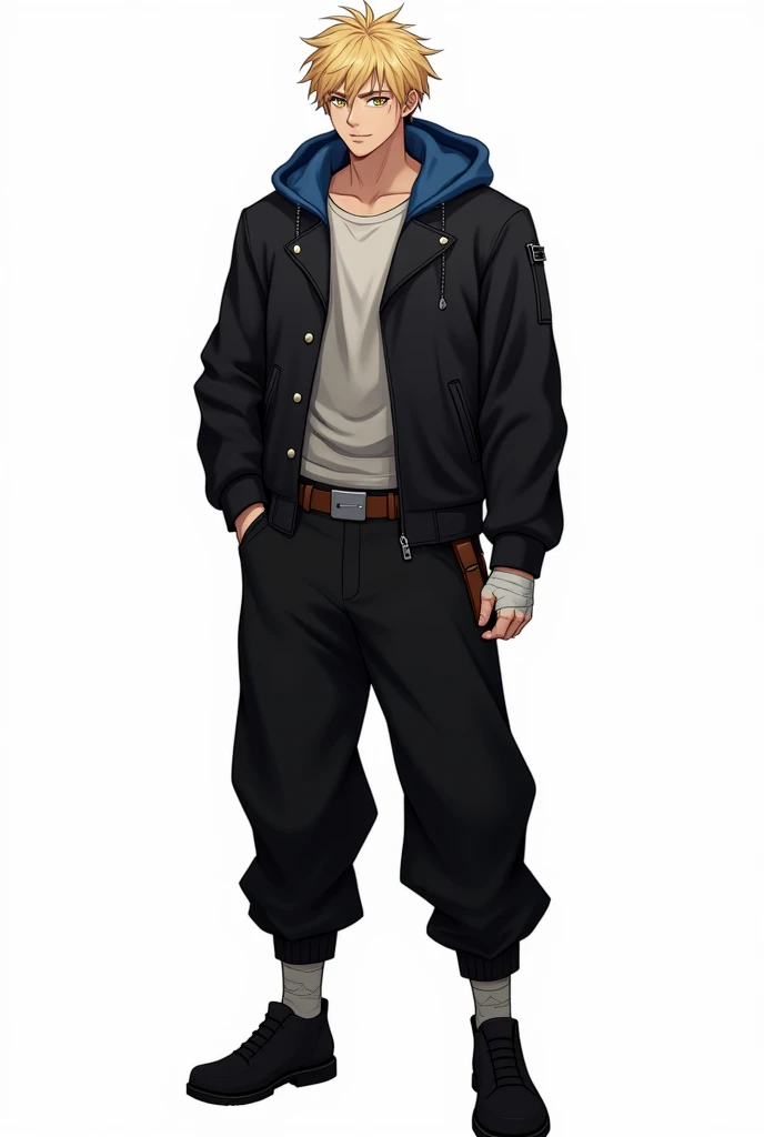 Jujutsu Kaisen, masculine, attractive, blonde hair, short and messy hair, eyes the color of honey, Black fitted buttoned leather jacket with blue fleece on the hood, black baggy pants, black shoes, bandage on one of his hands, superb smile, Whole body, white background, anime, 4k