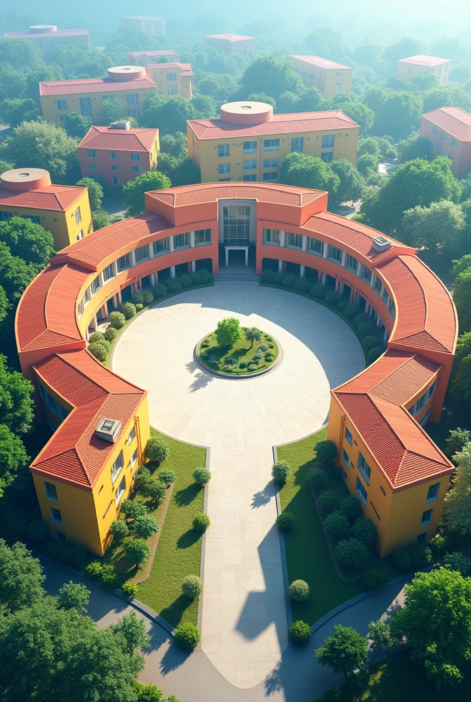 circular school, architechture, withouth People, aerial view, corridors around, Inner Courtyard, bright coloured