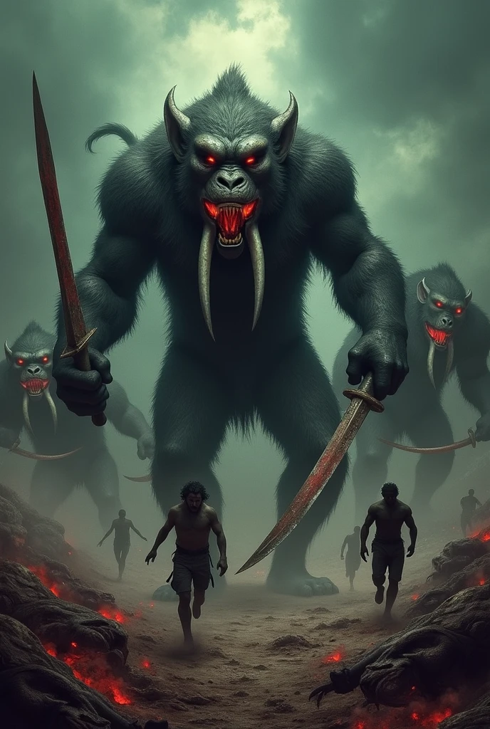 Hell background with group of big monkey with elephant track red eyes and muscular with sword human are running to be saved many dead bodies lying on ground of hell