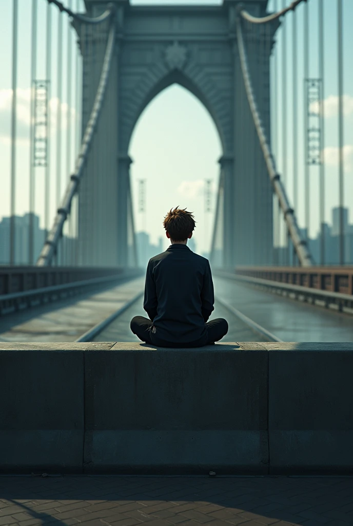 Young brown-haired man, sitting on a bridge barrier, vu de loin