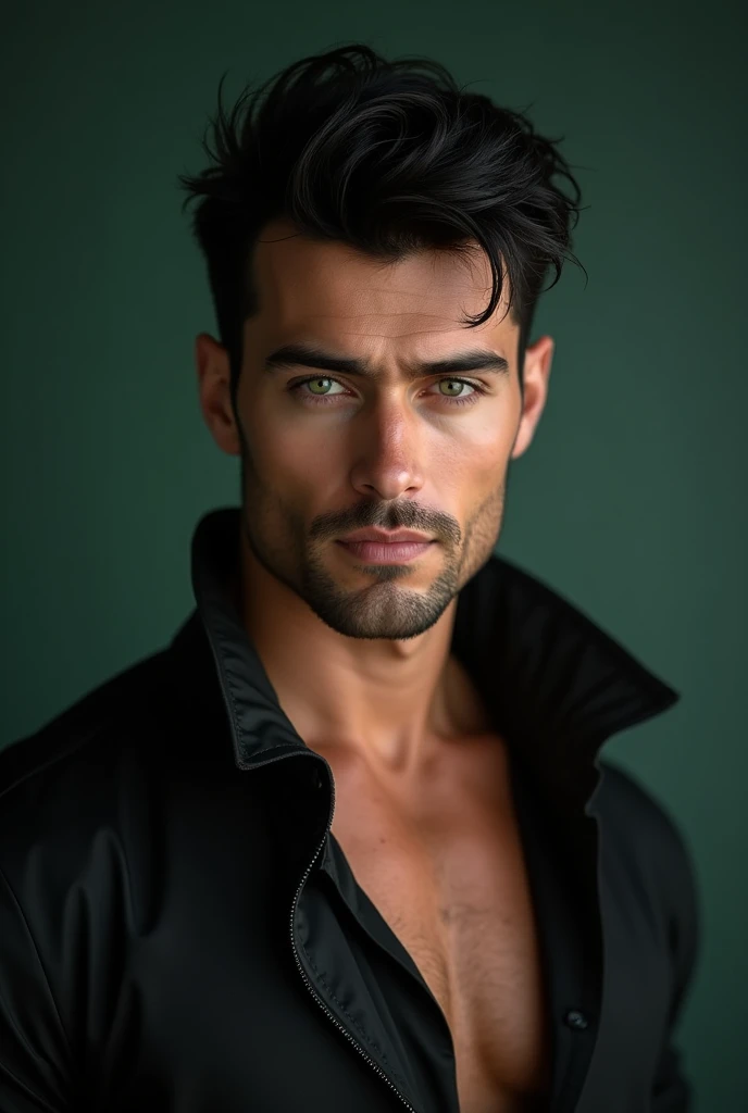 (best quality,4k,8k,highres,masterpiece:1.2),ultra-detailed,realistic,professional,(portraits,concept artists),vivid colors,sharp focus,HDR,studio lighting,(black hair:1.1),(green eyes:1.1), a man, muscualr,strong body,trained, ((wearing half sleeve black jacket)), ((SHARP SEDUCTIVE EYES))