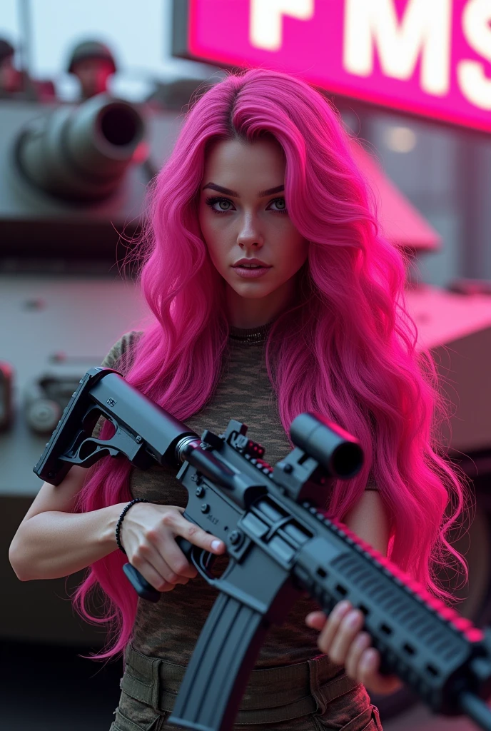 1 woman with exuberant beauty, With long hair, vibrant pink wavy hair, with a rifle in his hand and looking at the viewer with piercing eyes. Behind her there is a military tank and some pink details and a luminous sign that says “FMS”