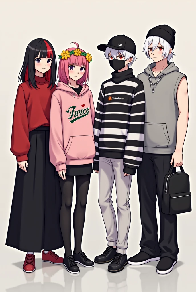 2 girls and 2 guys,they all 4 PEOPLES,they all the same height 170cm
one of the girl has red and black hair, she's wearing red long sleeve shirt and black long skirt.
Another girl has pink hair with kpop's TWICE merch such as headband and pink hoodie and she has yellow flowers crown.
one of the guy has a black hair and wearing face covered mask, he's also has a Japanese type of cap and its black, he's wearing long sleeve shirt wuth black and white striped pattern.
Another 1 guy,has a white hair,has a binie cap and wearing sleeveless grey hoodie and carry a black bag, he's didn't wear a mask but he's wearing a silver chain around his neck,he has bicep
they all taking a group photos in formal for a profile picture