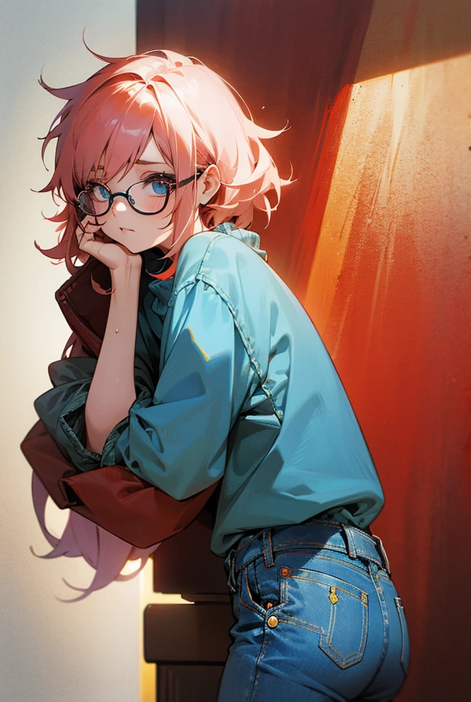  A 20 years old girl wearing glasses, Red Short messy hair, blue baggy sweater and light colored jeans,  looks tired and depressed. 