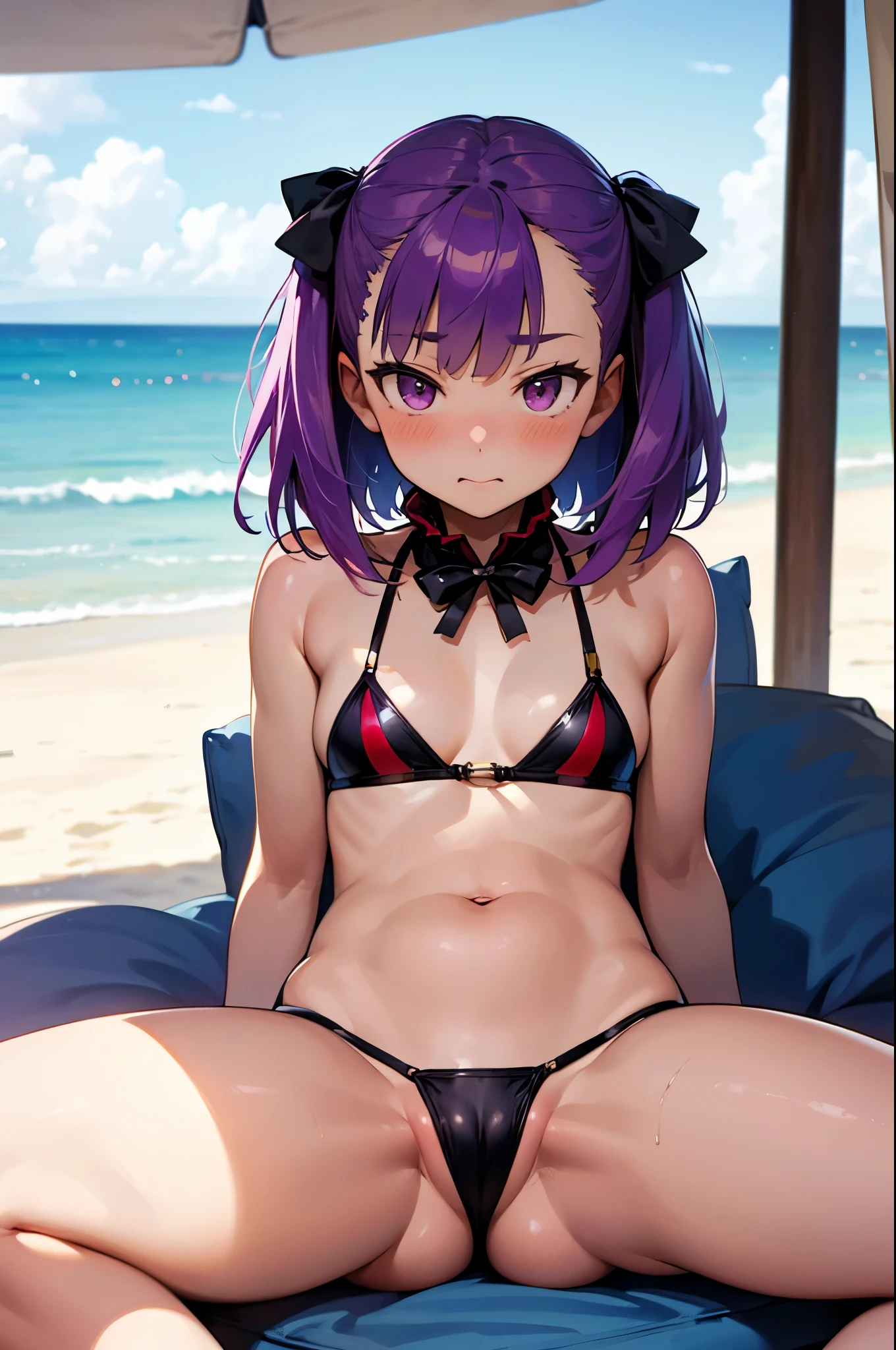 NSFW,masterpiece,Highest quality,High resolution,Very detailed,Helena Blavatsky\(Fate/grandorder\)、Purple Hair、short hair、（Purple eyes：1.1）,bikini,Small breasts,beach,Palm tree,Rock Shade,Beach parasol,(Embarrassed),(Lustful face),blush,Girl sitting,Spread your legs