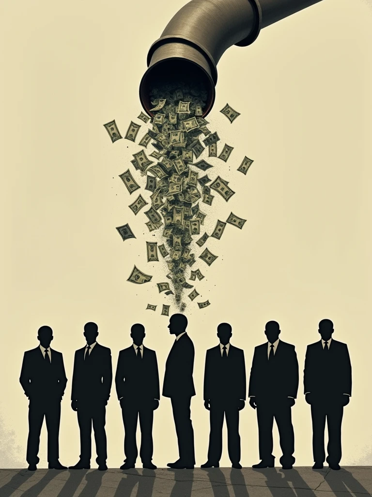 6 humans, next to each other, not clear, just your figure, silhuette, There are only six people, a pipe spewing money in the background, the bills are shown coming out of the pipe -variation-