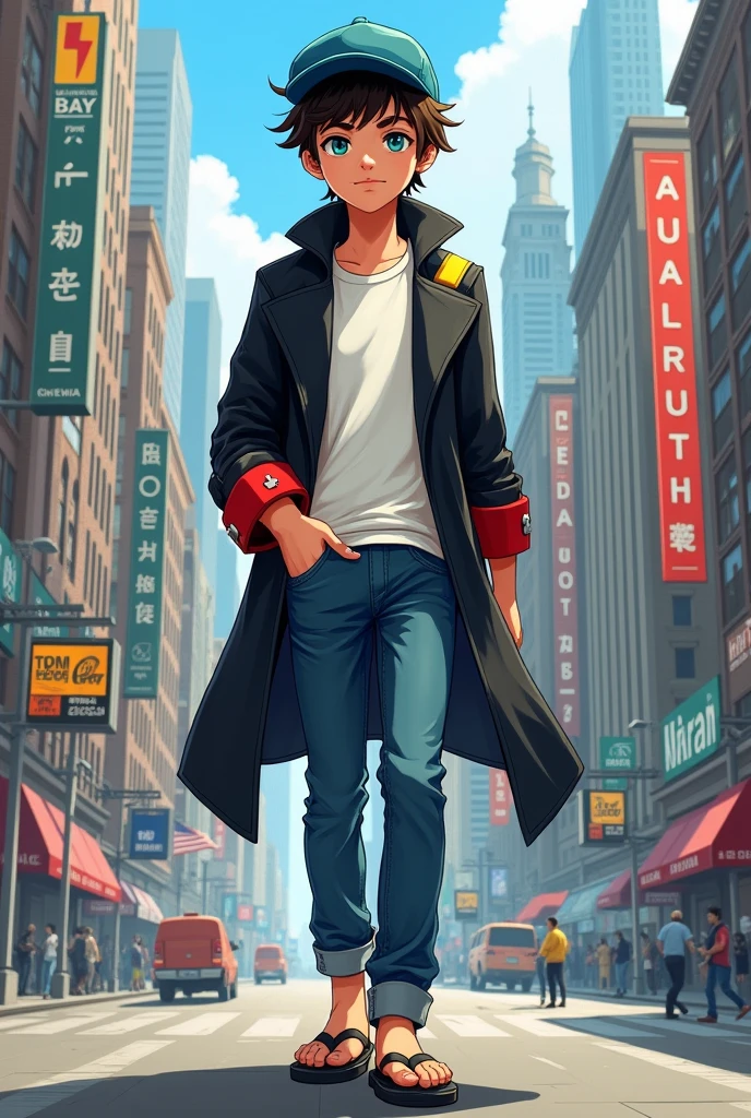 create a cityscape like downtown new york and place a very young male character with a blue flat brim cap on the side. The brown hair underneath the cap with almost no hair left outside the cap, big, bright baby blue eyes. The character's shirt must be white and jeans blue and on his feet flip-flops like Brazilian Havaianas all black. On top of it all a black trench coat with red cuffs on the red sleeve and a yellow stripe on each one just above the cuff that extends to the chest.