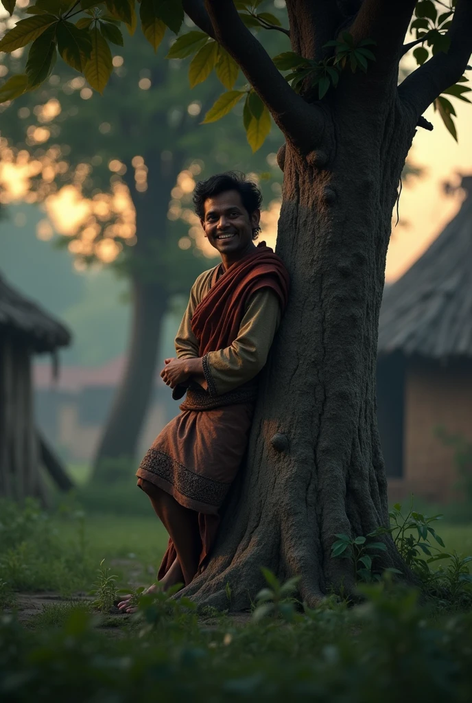 Visual Prompt: A small, rural Bangladeshi village at dusk, with a cunning-looking man named Bacchu in his 30s, peeking from behind a tree with a sly grin on his face. He is wearing simple, traditional clothes, and his eyes are filled with mischief.