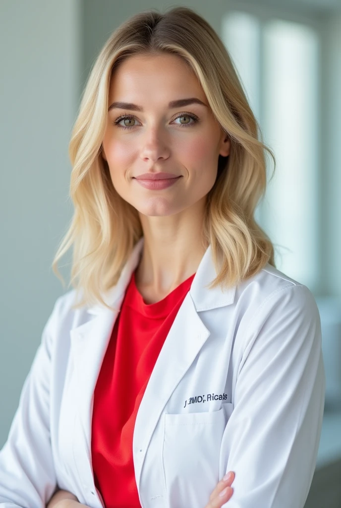 Portrait of blond dermatologist doctor with white room in background, cabelo loiro, medium, com roupa vermelha e jaleco