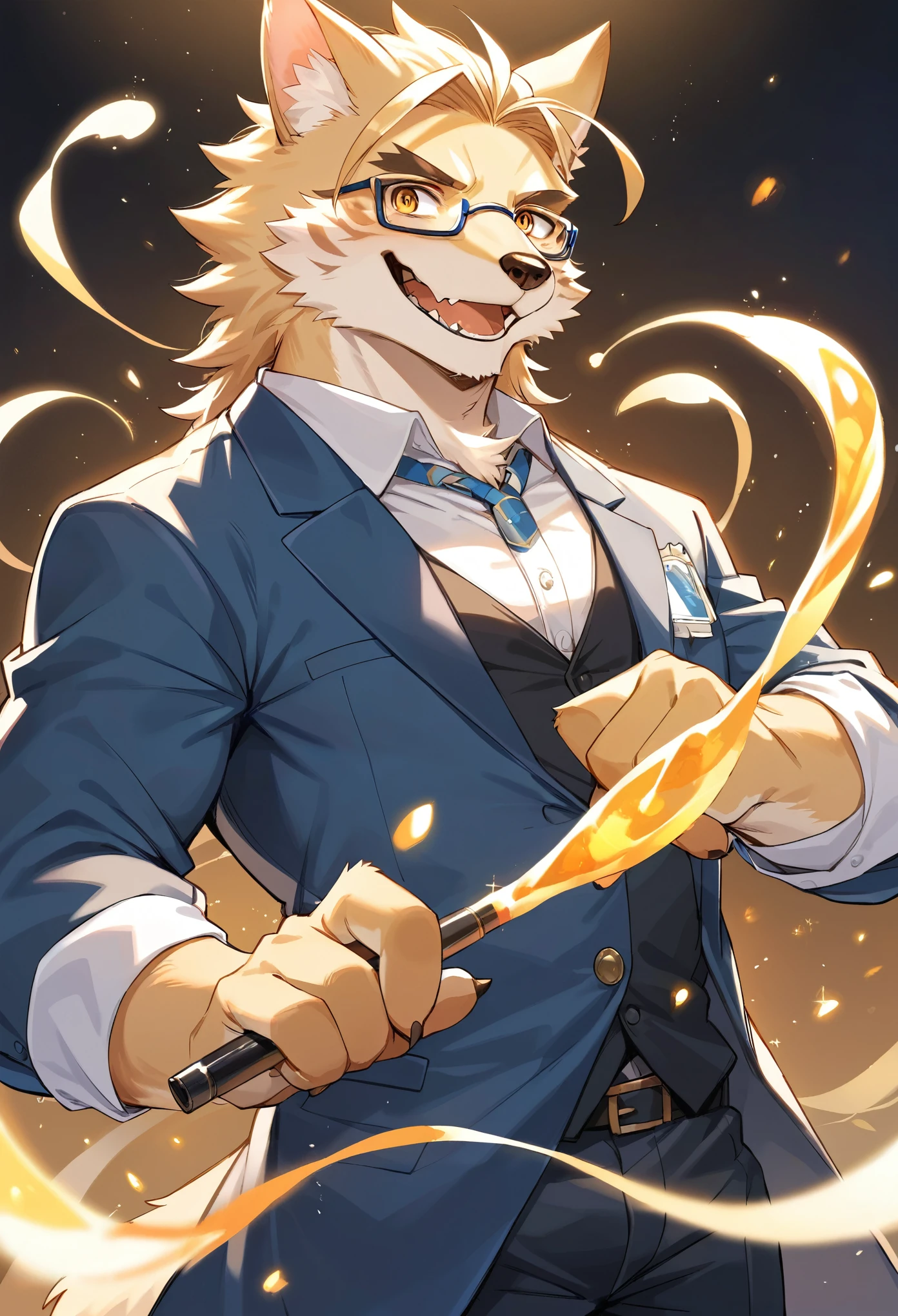 rating_safe, score_9, score_8_up, score_7_up, score_6_up, score_5_up, score_4_up, hires, highres, source_furry, cover page(kemono, furry anthro, angelic handsome 1boy, Smiling embarrassedly, glasses)professor, Lab of a crazy alchemist, chemical that shines, Beautiful lights and shadows,