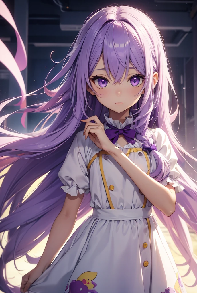 Little anime girl, lilac and purple eyes, long light purple hair, short yellow duck dress, white and soft skin