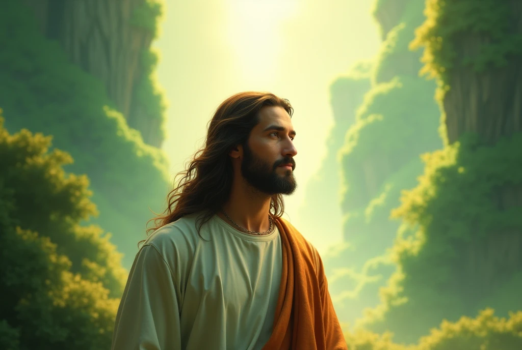 Digital painting Watercolor oil painting as Cover design for a book about the story of Jesus Christ in a glory view with title logo for book name Jesus,picturesque appearance as Italian christian imagine Jesus Christ, Jesus Christ looking forward in a glory view,merged effect,The cover should have christian themes,with deep effect background, magnificent magical green landscape in heaven background blurred,, Jesus with long brown hair,Jesus looking forward, with Jesus name title logo calligraphy,straight eyes looking,Jesus is in the middle of the book's design ,خلفيه هادئه, unreal engine 5,8k,horizontal design, inspired by Hany rady, happiness and romance color