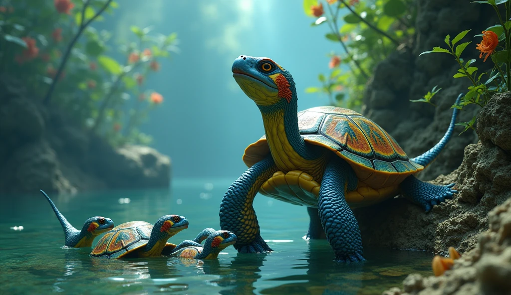 There are some amazing turtles at the bottom of the river with bird heads and snake tails.(best quality，4K，8k，High level，masterpiece：1.2），Ultra Detailed，（lifelike，Photo real，Photo real：1.37）