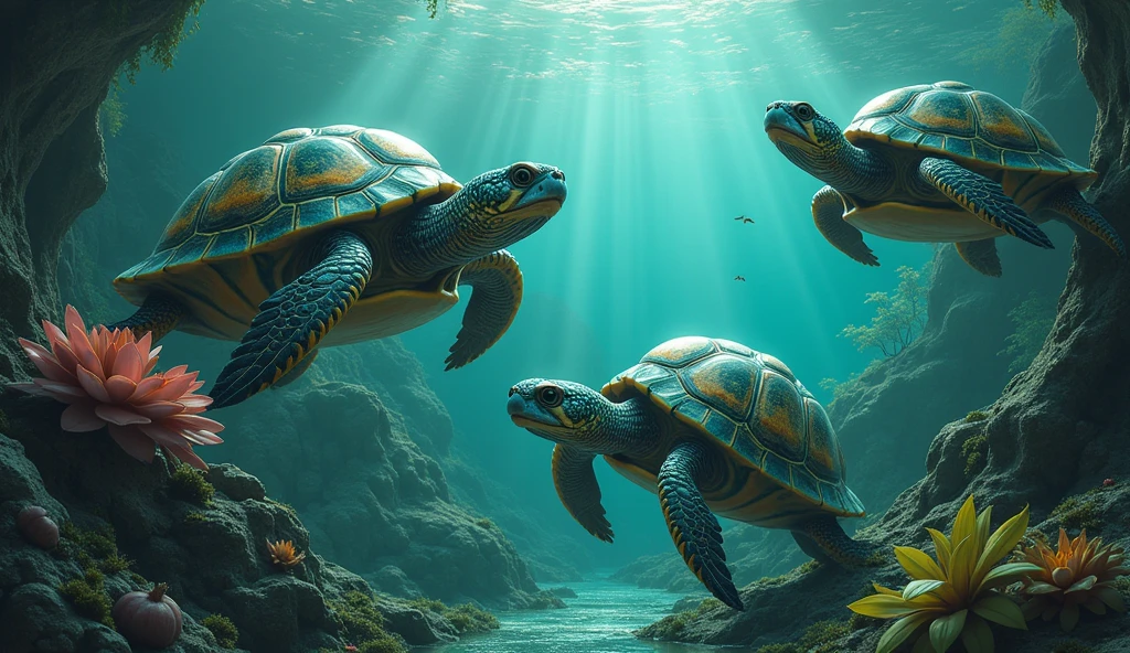 There are some amazing turtles at the bottom of the river with bird heads and snake tails.(best quality,4K,8k,High level,masterpiece:1.2),Ultra Detailed,(lifelike,Photo real,Photo real:1.37)