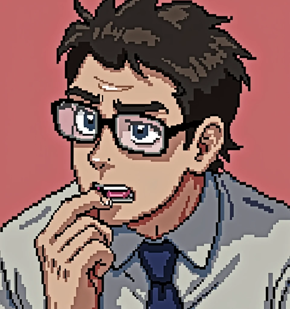 An adult, Strong face, a serious person, dark hair, The eyes, Caucasian skin, pixelated animated, not realistic