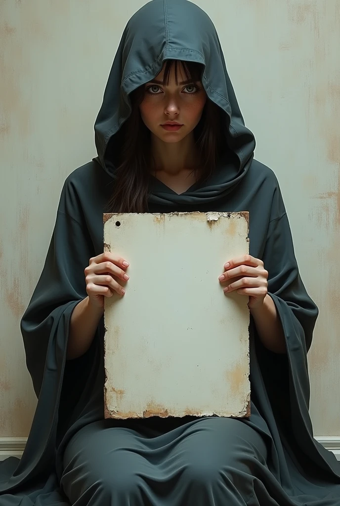 Deborah De Corral with a hood, sitting with a blank sign, looking forward