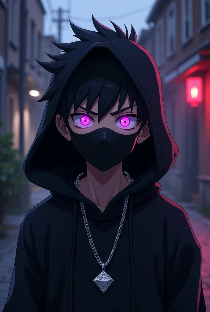 1 boy, he is a gang member and has purple glowing eyes with an evil face and slightly spiky hair with an evil and intimidating look with a black sweatshirt and a black mask covering his nose and mouth. , he has a black hood on his head , he also has a diamond chain around his neck, very intimidating , 2D Anime .