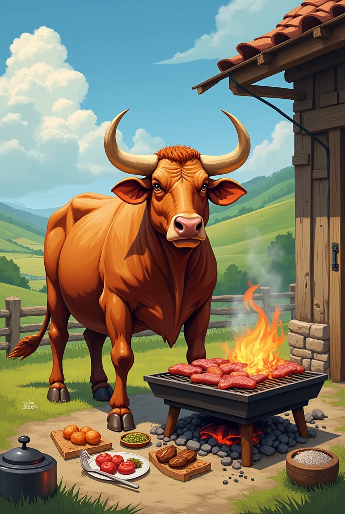 Drawing of an ox having a barbecue 