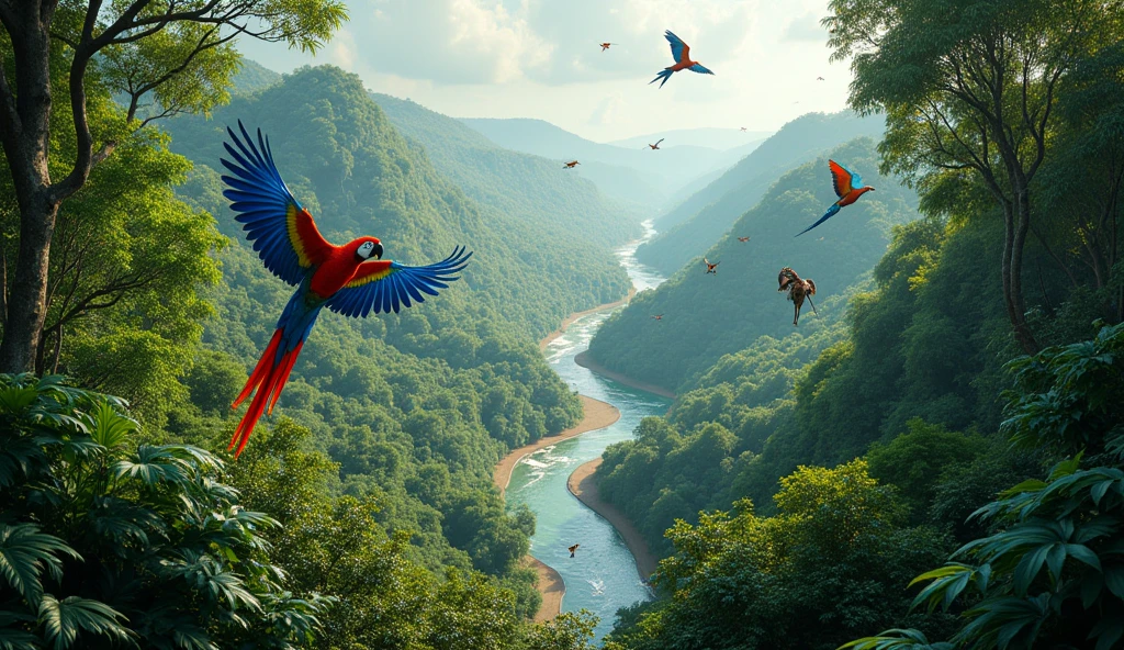 create a realistic image of the Amazon with rivers, macaws, Indian toucans, tail, virgin forests, mining, Medicinal herbs, Ounces, flooded forest, floodplain forest, among other natural elements.