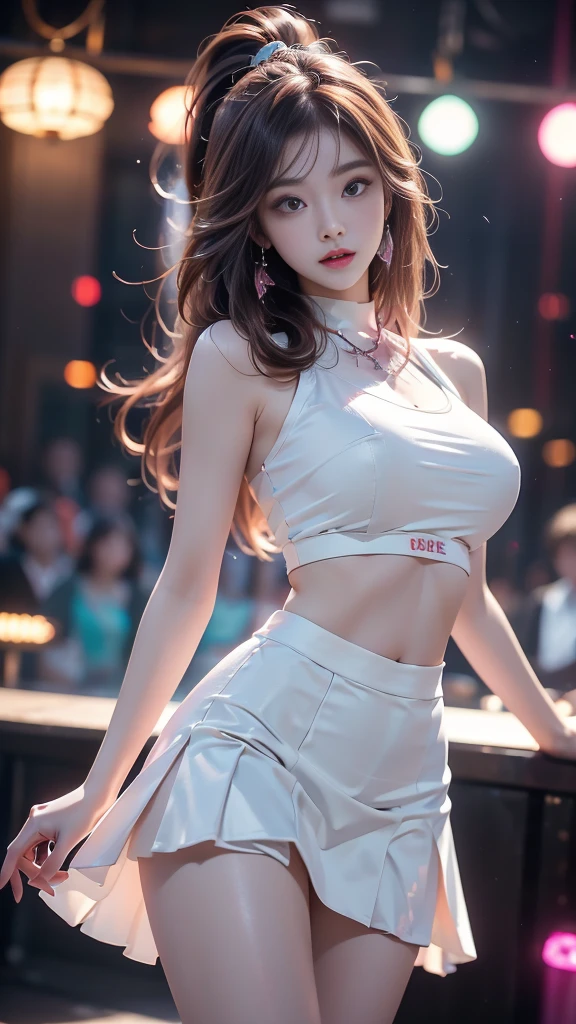 ulzzang-6500-v1.1, (RAW photo: 1.2), (Real photo), (Real photo: 1.4), 1 girl、Perfect anatomy、1、Looking at the camera、Medium length hair、dance white skirt, dancing in a lively disco, under colored lights, (( in the disco night: 1.1))、(Business service)、Asian eyes Ella,