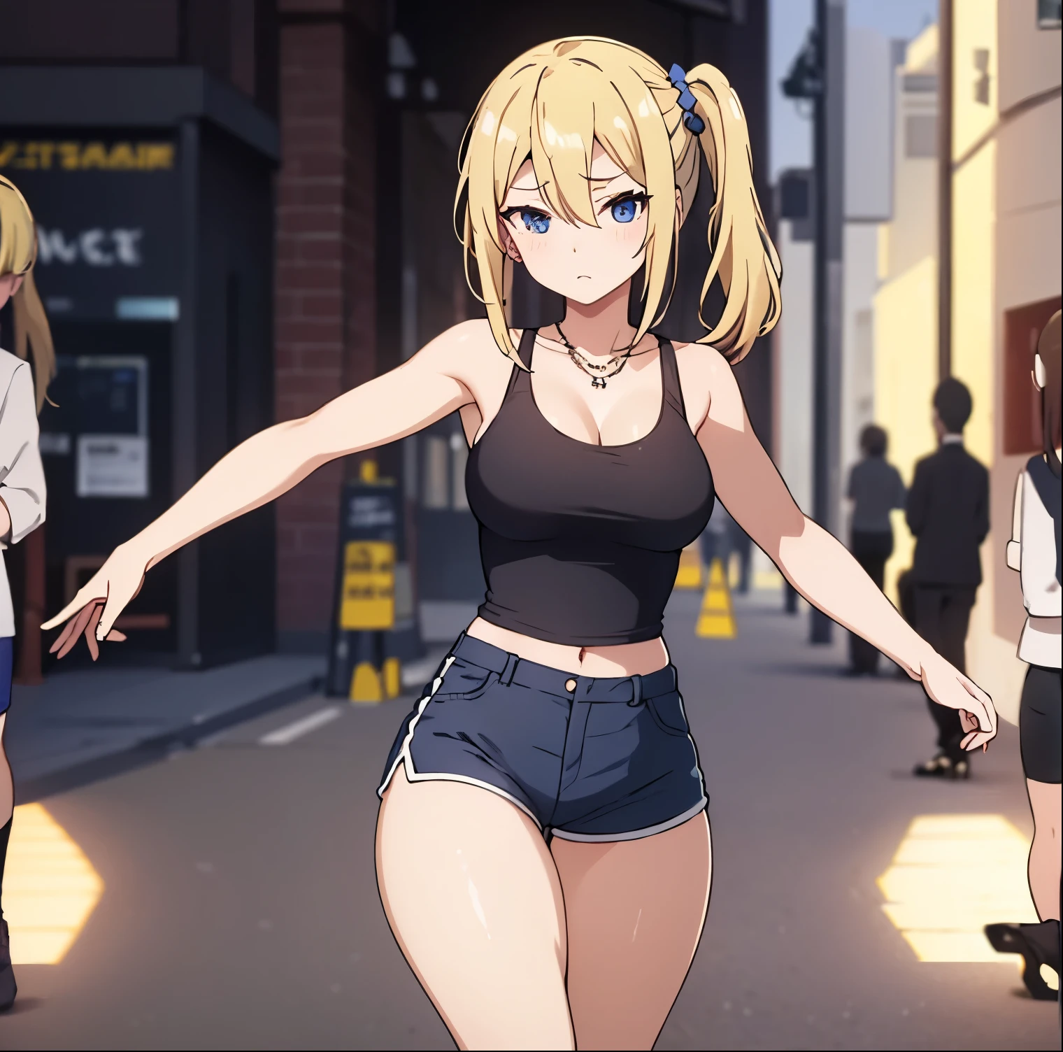 masterpeace, best quality, high resolution, 1 girl, solo, hayaska ai, tank top, black shirt, waist naked, blue shorts, tight shorts, white stockings, black sneakers, side ponytail, hair between eyes, blue eyes, blonde hair, hair ornament, large breasts, medium waist, wide hips, medium thighs, butt round, hair scrunchie, bangs, long hair, side strands, necklace, collarbone, jewelry, city, street, sunny, good lighting, walking down the street, looking at viewer, head on, ((focus on thighs:1.4)) ,pov(from middle), perfect anatomy perfect hands