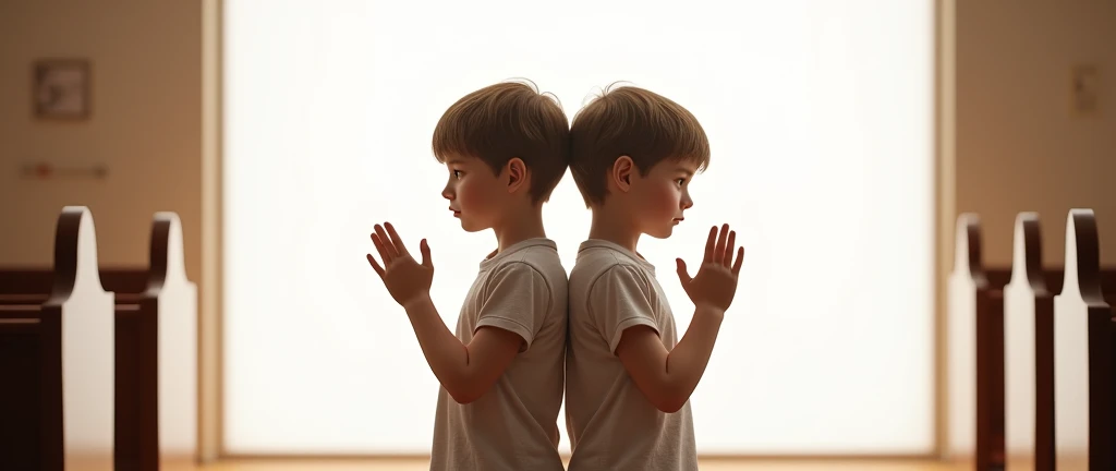 two children back to back with their hands raised in the church. one of the children has an autism identification WITH WHITE BACKGROUND
