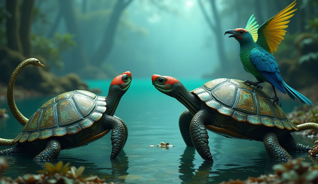 There are some amazing turtles at the bottom of the river with bird heads and snake tails.(best quality,4K,8k,High level,masterpiece:1.2),Ultra Detailed,(lifelike,Photo real,Photo real:1.37)