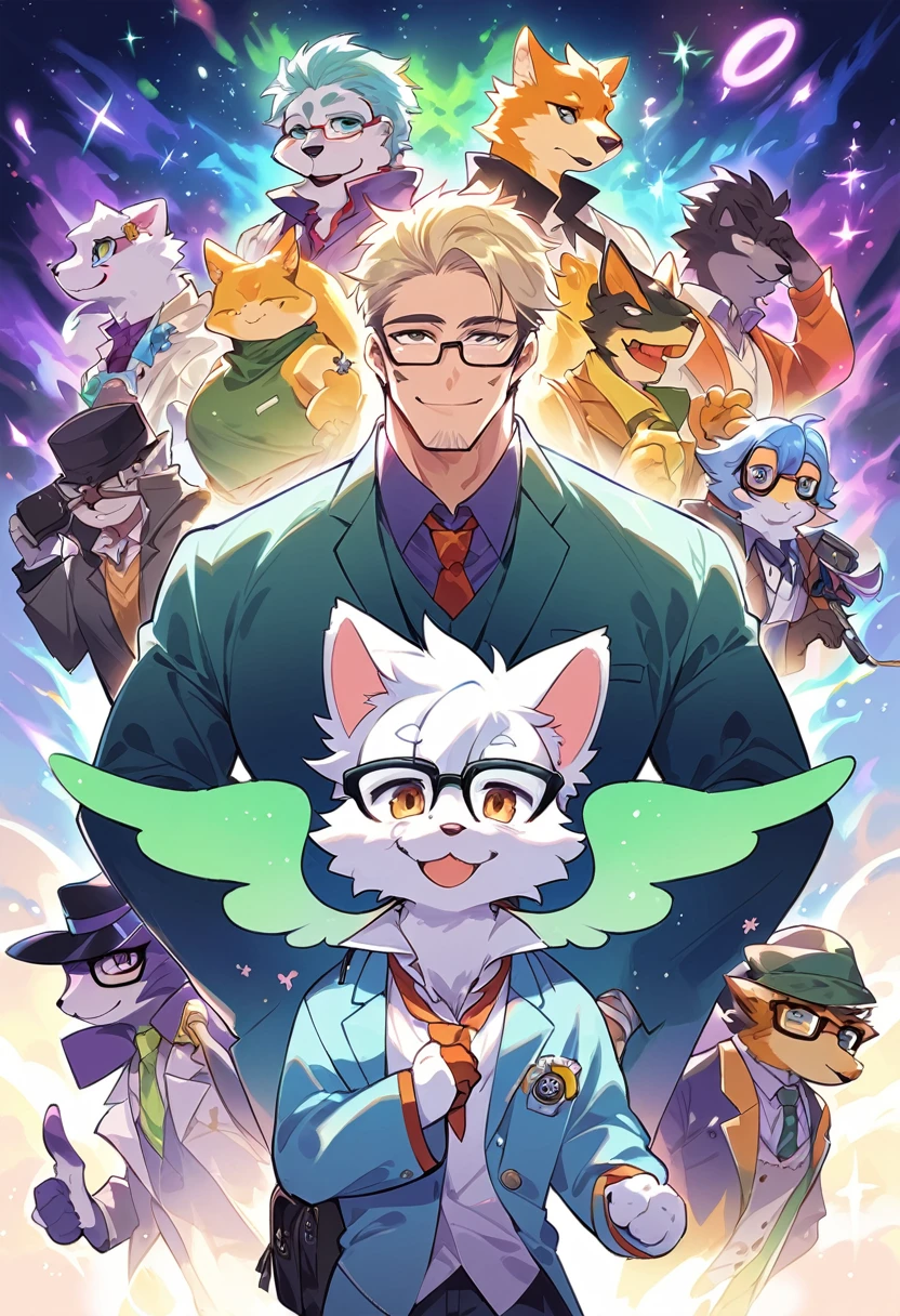 rating_safe, score_9, score_8_up, score_7_up, score_6_up, score_5_up, score_4_up, hires, highres, source_furry, cover page(kemono, furry anthro, angelic handsome 1boy, Smiling embarrassedly, glasses)professor, Lab of a crazy alchemist, chemical that shines, Beautiful lights and shadows,